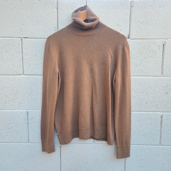 Lafayette 148 | Metallic Trim Cashmere Turtleneck Sweater In Toffee Size Large - Picture 2 of 12